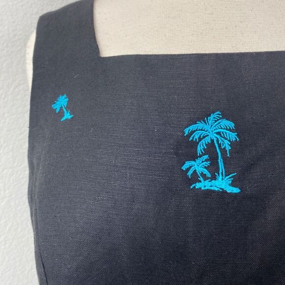 Vtg Annie Alexander Black Linen Blend Embroidered Top 10 Palm Trees Resort Beach - Picture 3 of 8